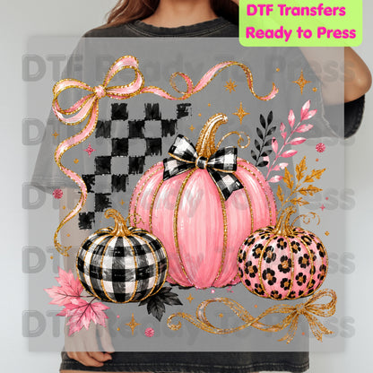 Pink Coquette Fall Pumpkin DTF Transfers, Leopard Plaid Ribbon Bow Checkered Autumn Ready to Press