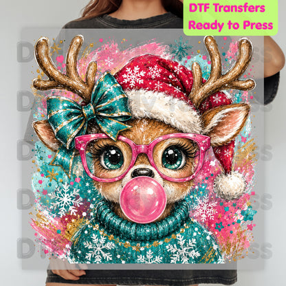 Christmas Reindeer DTF Transfers, Pink Glasses Bubblegum Deer Santa Hat Cute Ready to Press
