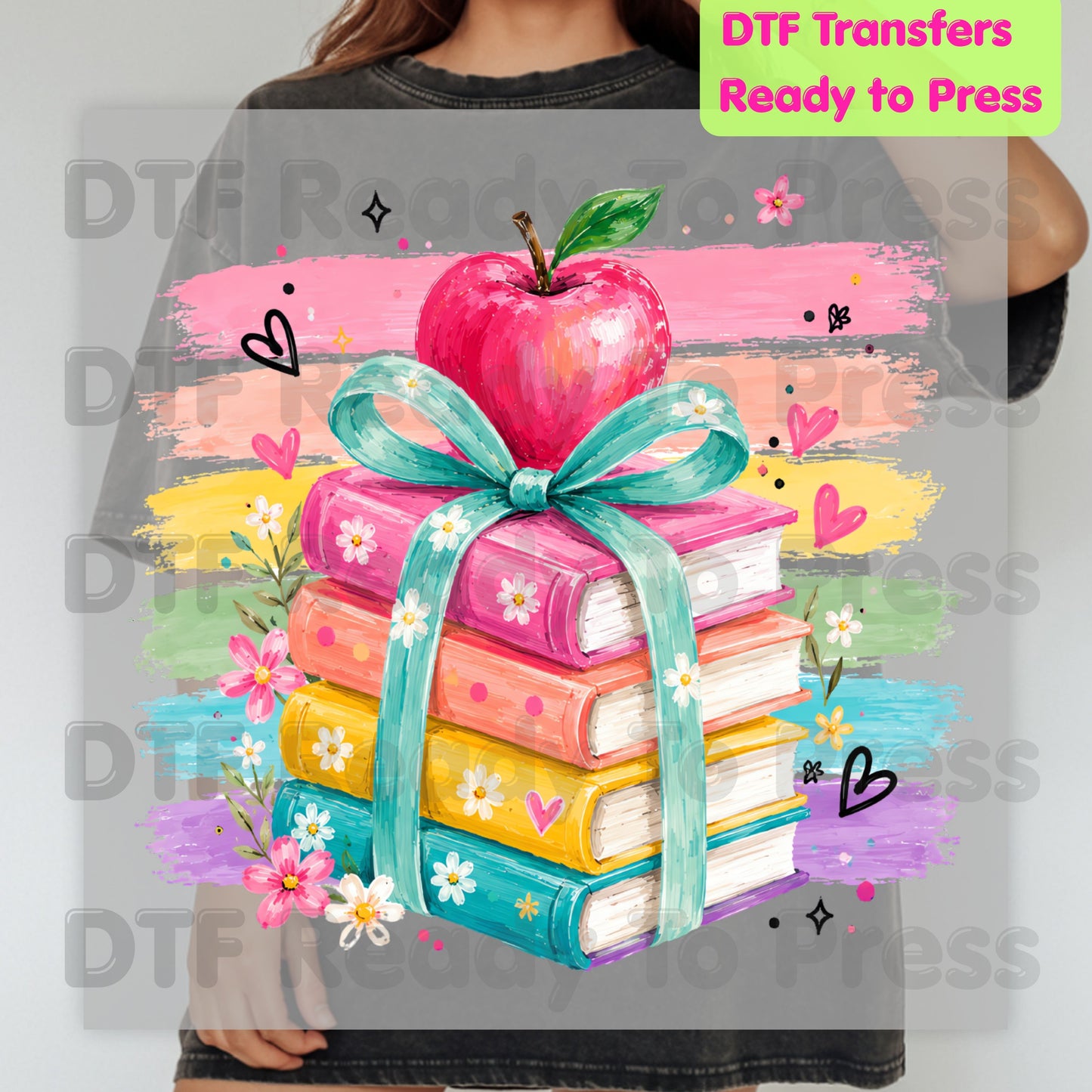 Coquette Stacked Books DTF Transfers, Apple Ribbon Colorful Teacher Brushstrokes Ready to Press