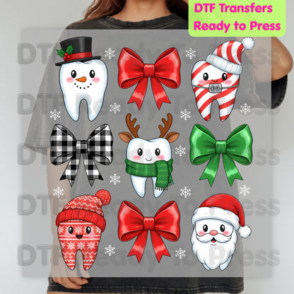 Christmas Dental Squad DTF Transfers, Dental Teeth Bow Santa Reindeer Holiday Ready to Press