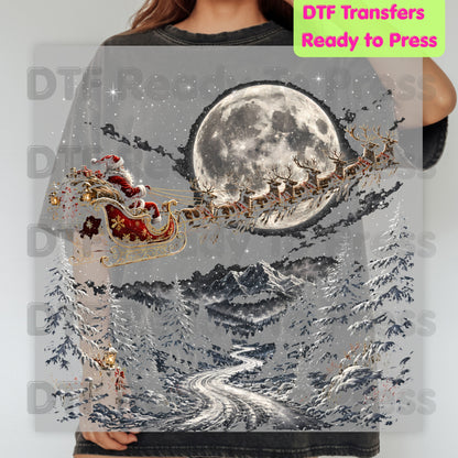 Christmas Santa DTF Transfers, Sleigh Flying Over Full Moon Vintage Winter Forest Ready to Press