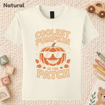 Coolest Pumpkin in the Patch T-Shirt, Retro Halloween Sunglasses Fall Season Tee for Toddler and Kids