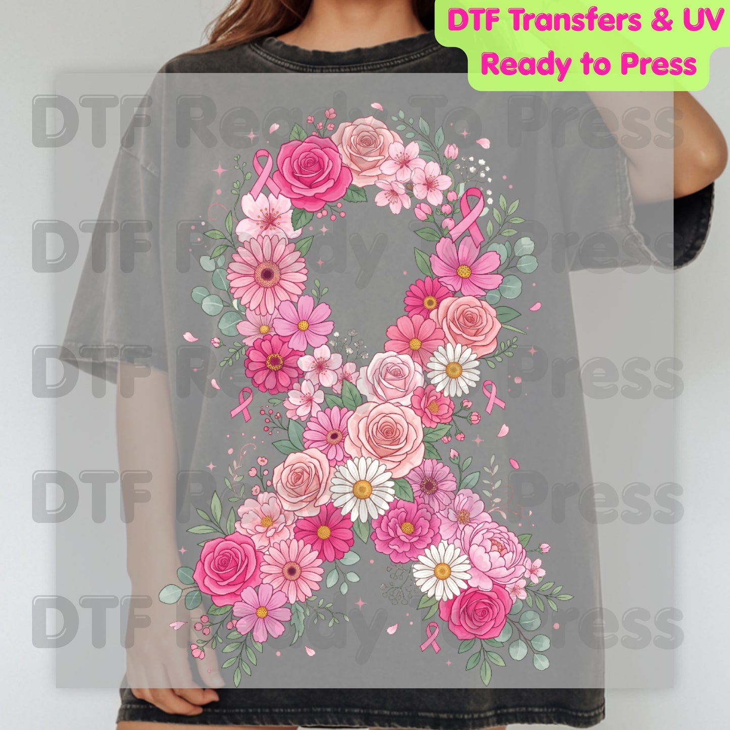 Floral Pink Ribbon Breast Cancer Awareness DTF Transfer Ready to Press Heat Transfer Survivor Tee