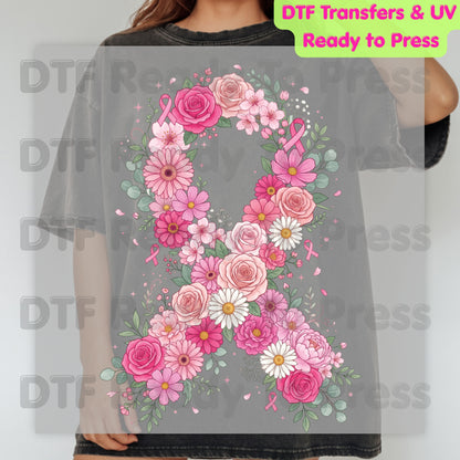 Floral Pink Ribbon Breast Cancer Awareness DTF Transfer Ready to Press Heat Transfer Survivor Tee