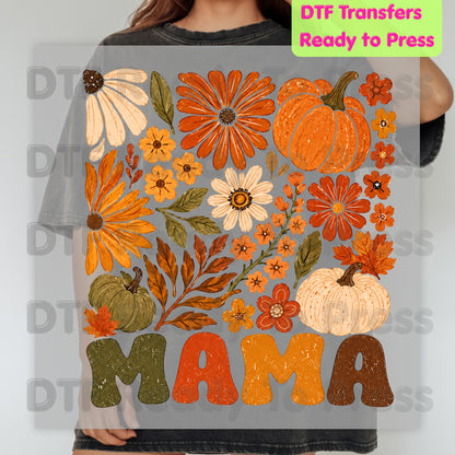 Mama Fall Floral Pumpkins DTF Transfers, Retro Groovy Autumn Flowers Thanksgiving Ready to Press