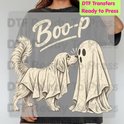Halloween Dog Ghost DTF Transfers, Ghost Boop Cute Spooky Season Vintage Golden Retriever Dog Lover Ready to Press