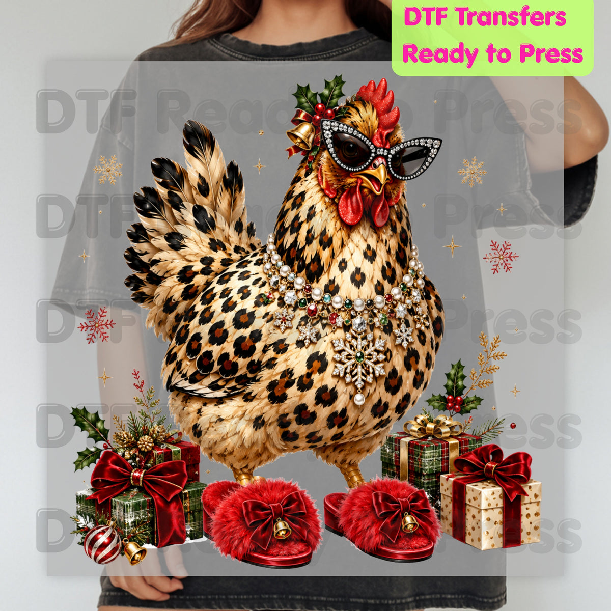 Funny Chicken DTF Transfers, Leopard Print Sunglasses Red Slippers Christmas Holiday Ready to Press
