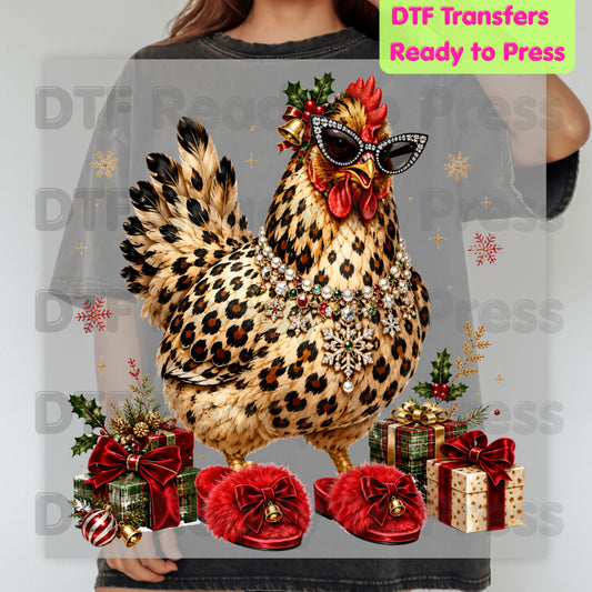 Funny Chicken DTF Transfers, Leopard Print Sunglasses Red Slippers Christmas Holiday Ready to Press