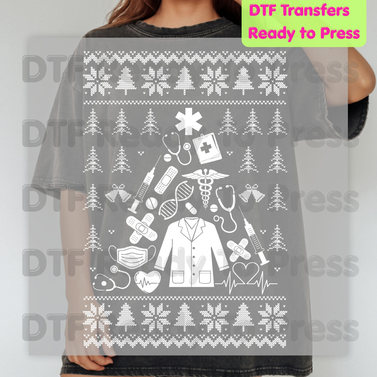 Medical Christmas Ugly Sweater DTF Transfers, Nurse Doctor Lab Coat Stethoscope Holiday Ready to Press