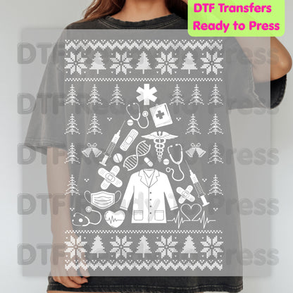 Medical Christmas Ugly Sweater DTF Transfers, Nurse Doctor Lab Coat Stethoscope Holiday Ready to Press