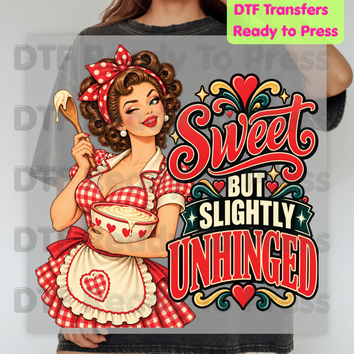 Retro DTF Transfer, Sweet but Slightly Unhinged Pinup Girl Baking Graphic