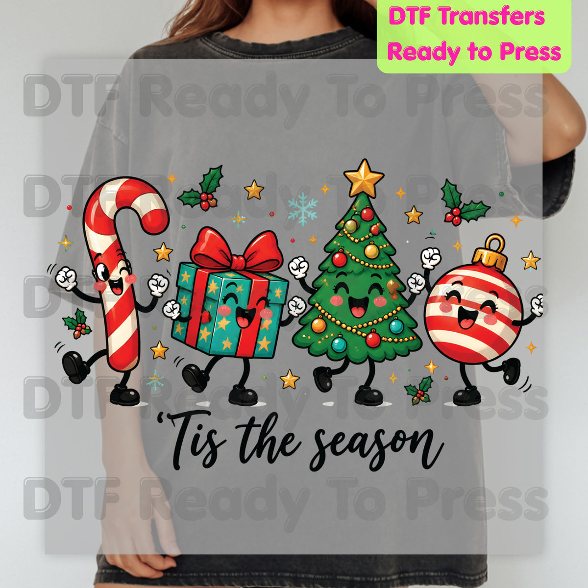 Christmas DTF Transfer, Tis the Season Cute Characters, Candy Cane and Gift Ornaments