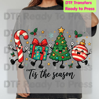 Christmas DTF Transfer, Tis the Season Cute Characters, Candy Cane and Gift Ornaments