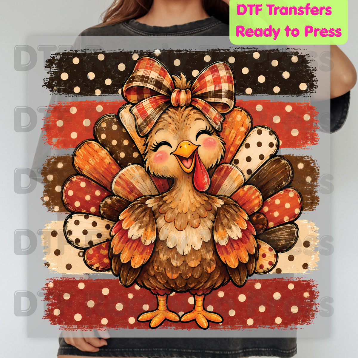 Thanksgiving DTF Transfer, Cute Turkey Bow, Polka Dot Stripes