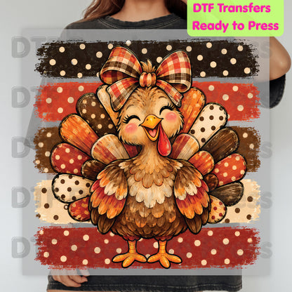 Thanksgiving DTF Transfer, Cute Turkey Bow, Polka Dot Stripes