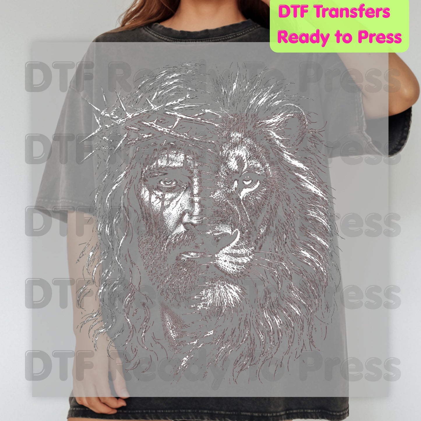 Lion and Jesus DTF Transfers, Lion of Judah Crown of Thorns Christian Faith Sketch Ready to Press