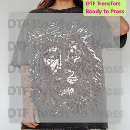 Lion and Jesus DTF Transfers, Lion of Judah Crown of Thorns Christian Faith Sketch Ready to Press