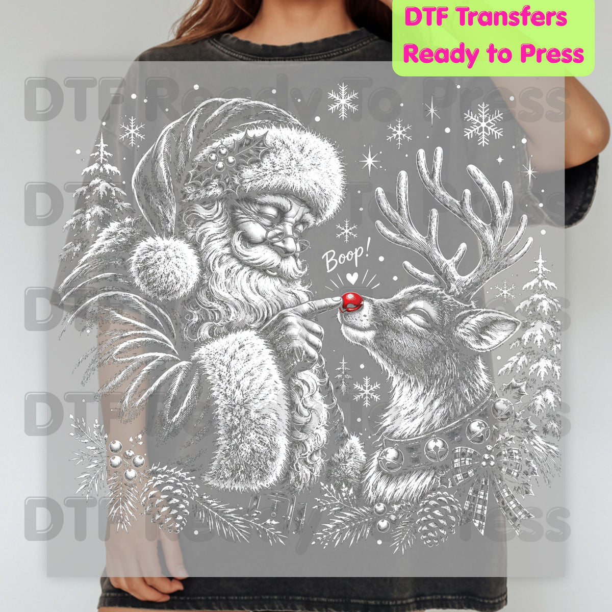 Christmas DTF Transfer, Vintage Santa Claus and Red Nose Reindeer Sketch