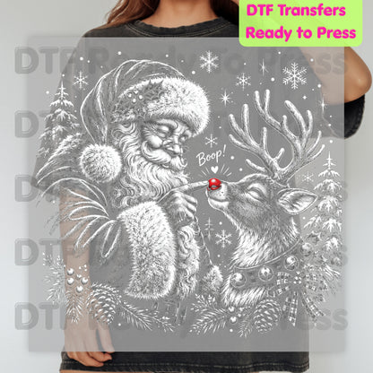 Christmas DTF Transfer, Vintage Santa Claus and Red Nose Reindeer Sketch