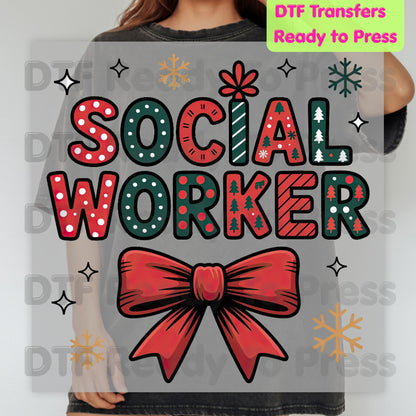Christmas Social Worker Bow DTF Transfers, Community Snowflake Polka Dot Holiday Ready to Press