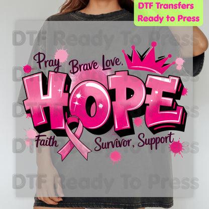 Breast Cancer Hope DTF Transfers, Pink Ribbon Survivor Awareness Support Ready to Press