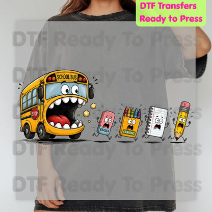 Funny School Bus Monster DTF Transfers, Back to School Chasing Supplies Teacher Life Kids Ready to Press