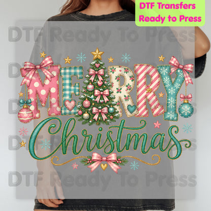Christmas DTF Transfer, Merry Christmas Tree with Pastel Pink Bows