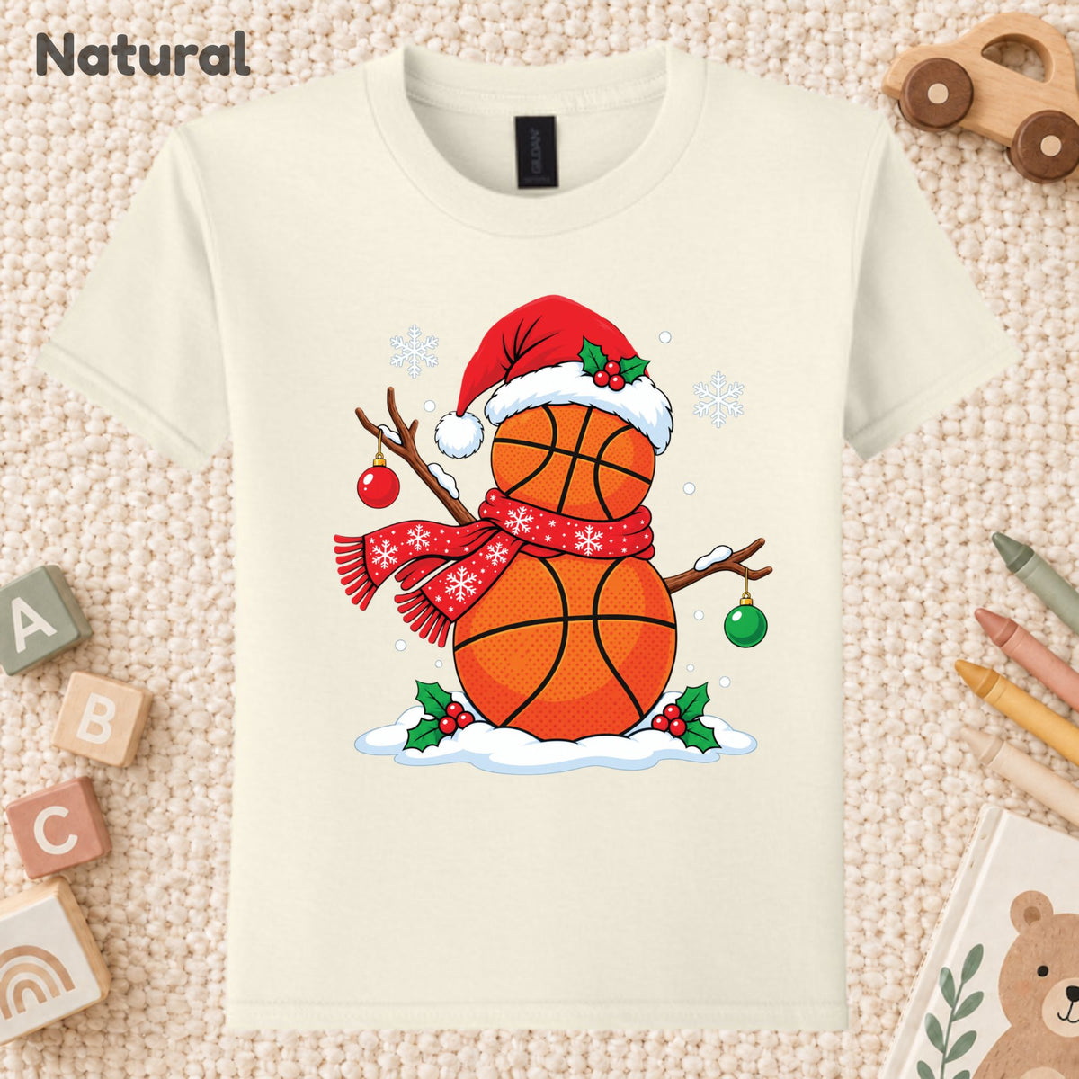 Christmas Basketball Snowman T-Shirt, Santa Hat and Scarf Holiday Sports Graphic Tee