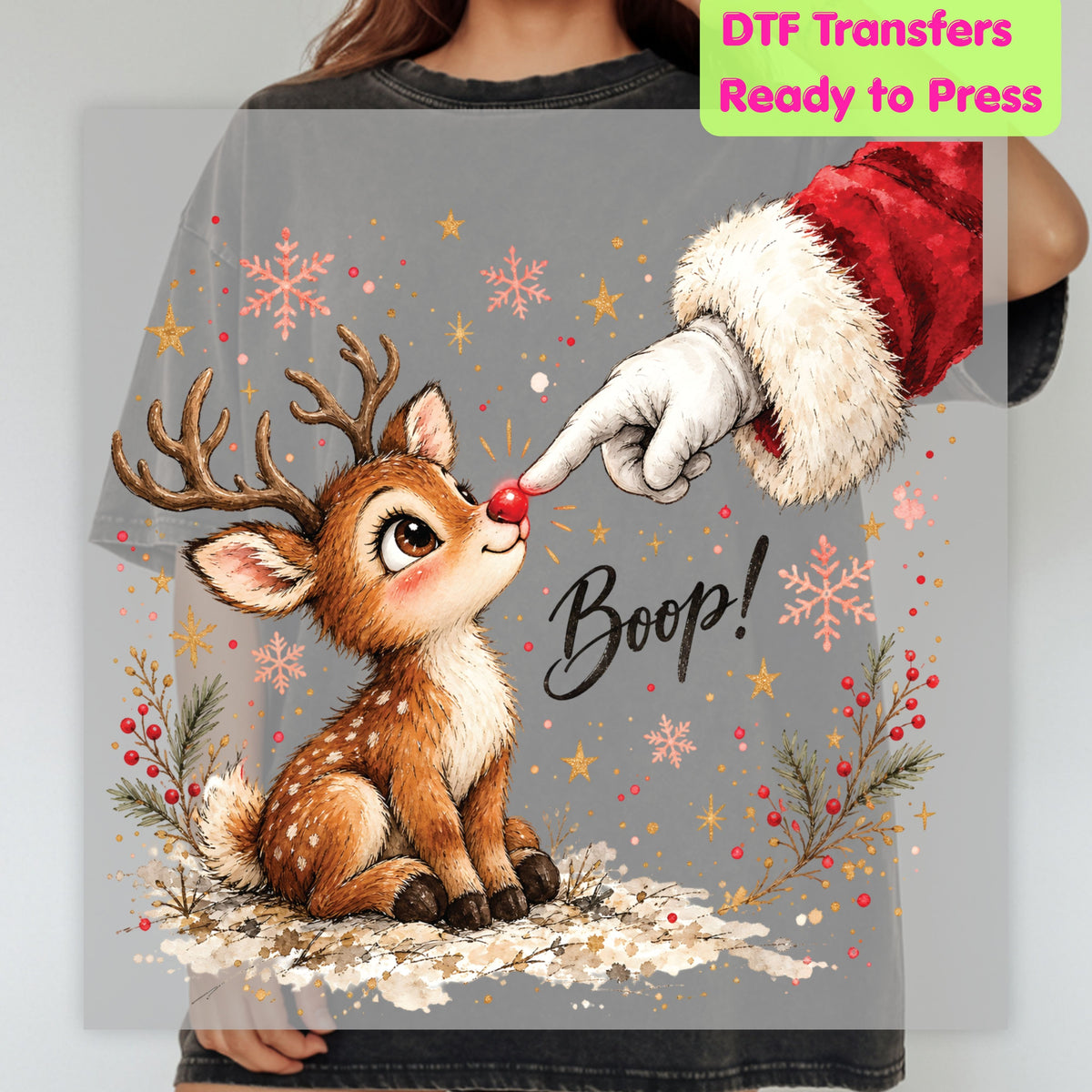 Christmas DTF Transfer, Boop Cute Reindeer Santa Red Nose