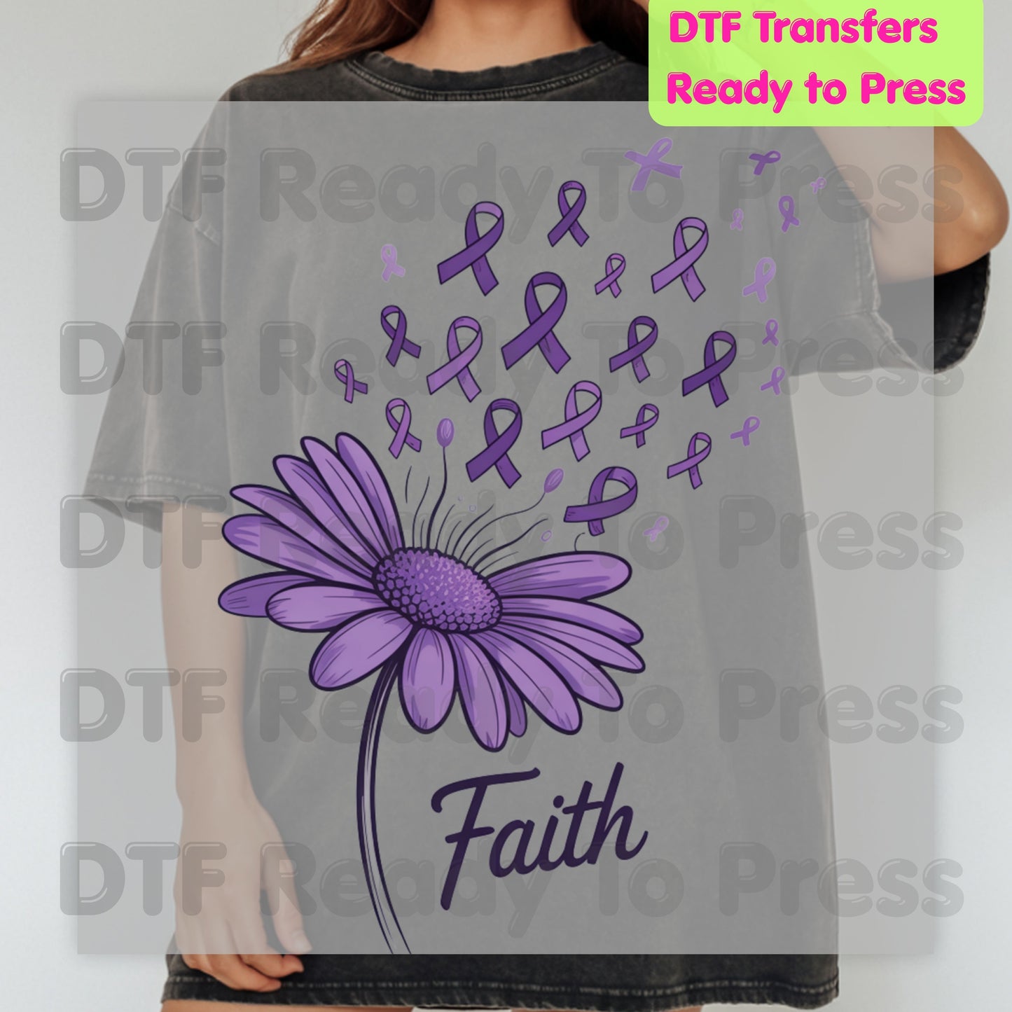 Faith Ribbon DTF Transfer Breast Cancer Awareness Brush Strokes Heat Transfer Ready to Press Tee Print Direct to Film