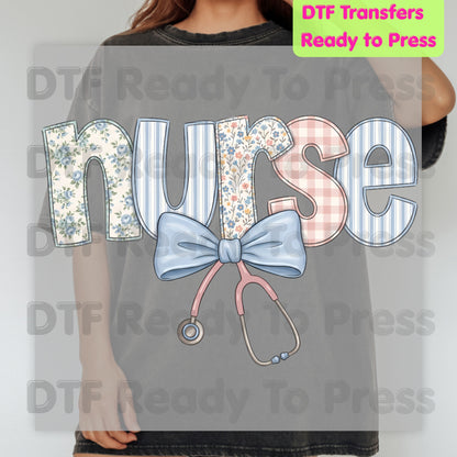 Nurse DTF Transfers, Coquette Floral Nurse Bow Stethoscope Vintage Patchwork