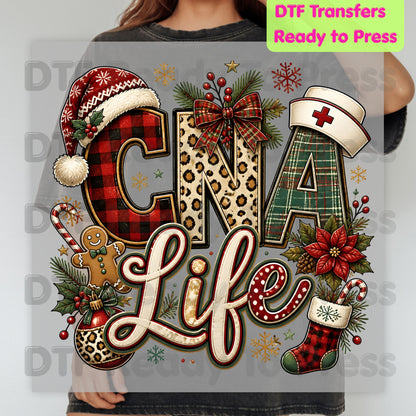 Christmas CNA Life DTF Transfers, Holiday Nurse Hat Plaid Leopard Medical Graphic Ready to Press