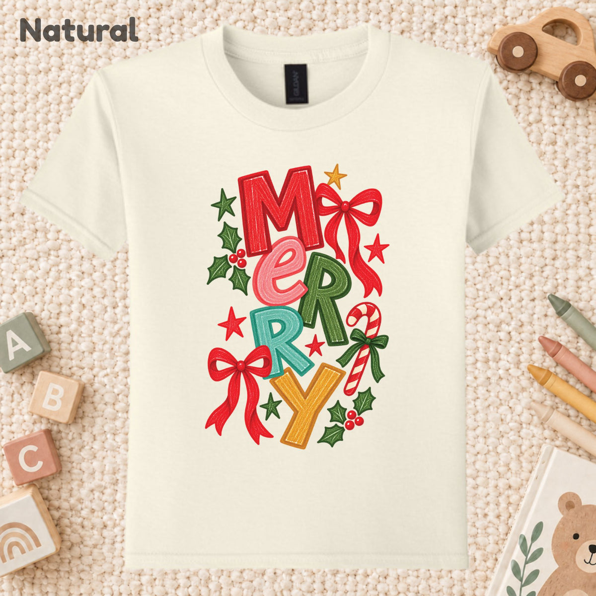 Merry Christmas T-Shirt, Colorful Lettering Red Bow Tee, Candy Cane Holiday Sweatshirt