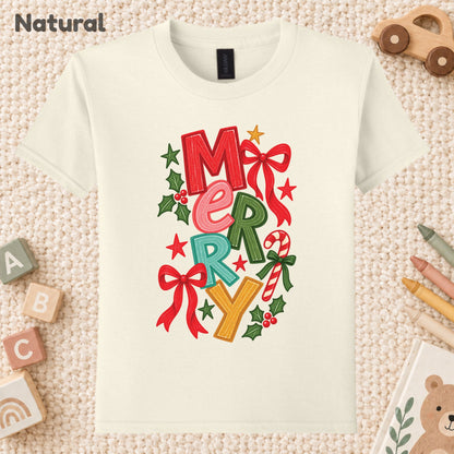Merry Christmas T-Shirt, Colorful Lettering Red Bow Tee, Candy Cane Holiday Sweatshirt