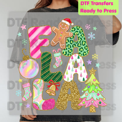 Fa La La Gingerbread Christmas DTF Transfers, Colorful Pink Christmas Tree Holiday Ready to Press