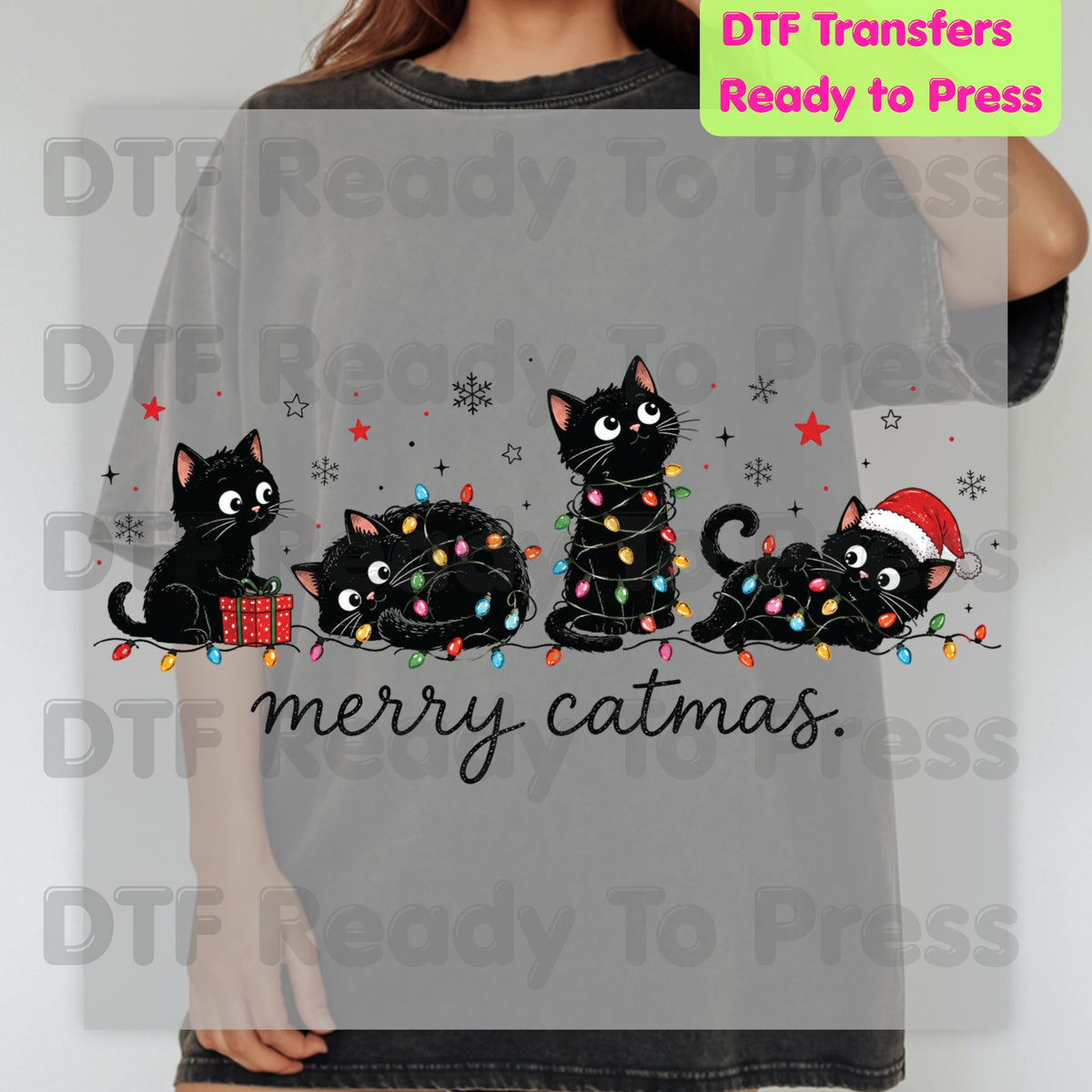 Christmas Cat DTF Transfer, Merry Catmas Cute Kittens and Lights