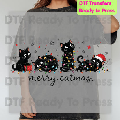 Christmas Cat DTF Transfer, Merry Catmas Cute Kittens and Lights