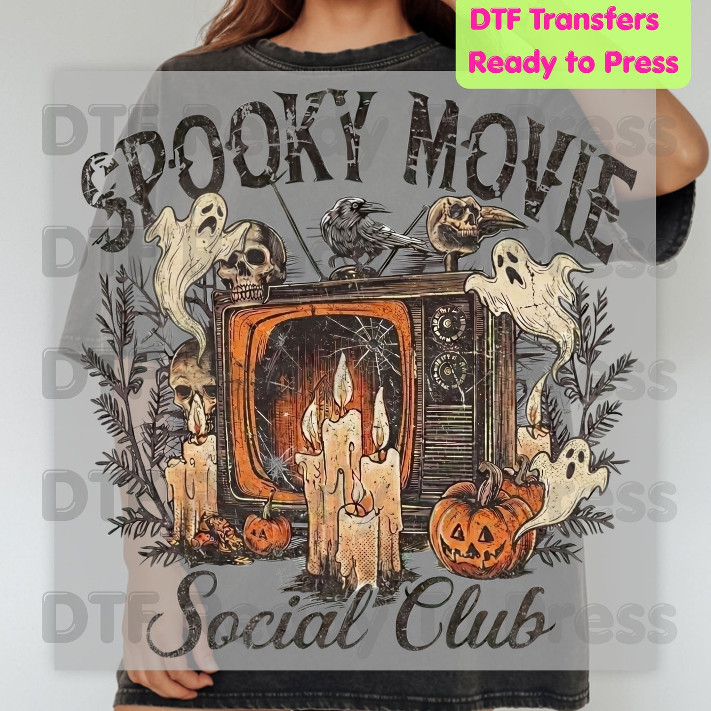 Spooky Movie Social Club DTF Transfers, Vintage Horror TV Ghosts Pumpkin Candles Halloween Ready to Press