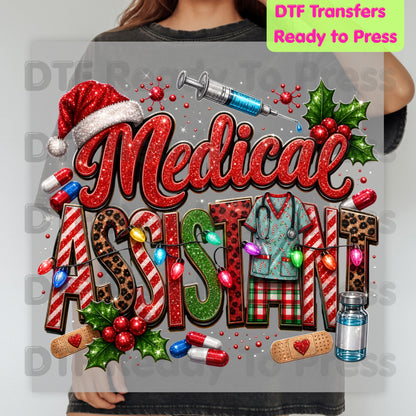Christmas Medical Assistant DTF Transfers, Healthcare Scrubs Syringe Holiday Ready to Press