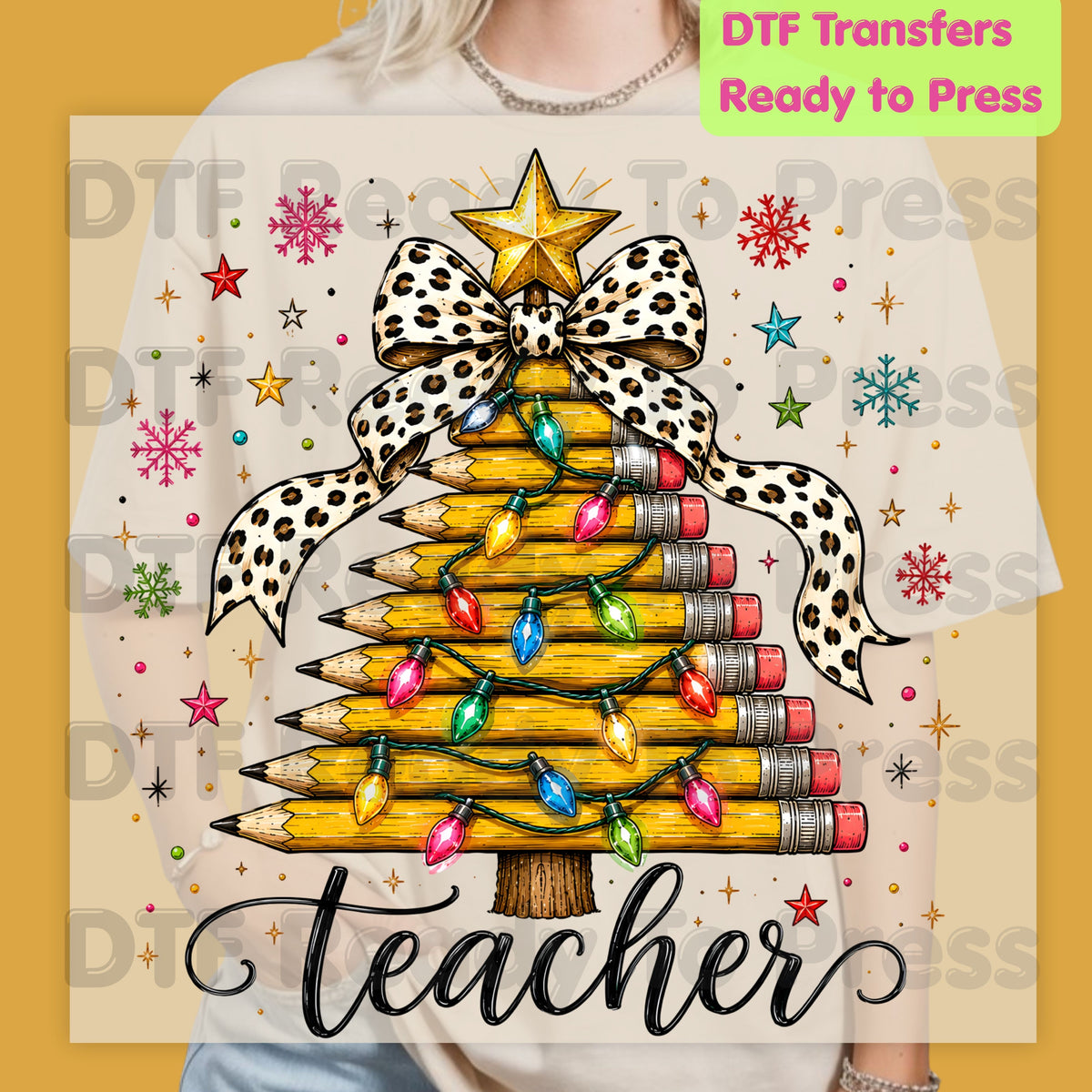 Christmas Teacher Pencil Tree DTF Transfers, School Leopard Bow Lights Holiday Ready to Press