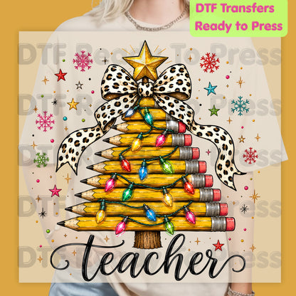 Christmas Teacher Pencil Tree DTF Transfers, School Leopard Bow Lights Holiday Ready to Press