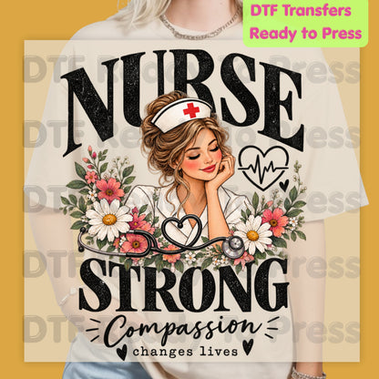 Nurse Strong Floral DTF Transfers, Medical Nursing Stethoscope Girl Floral Ready to Press