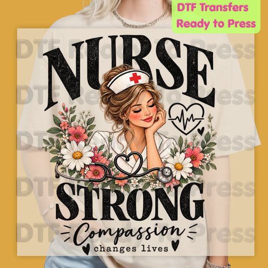 Nurse Strong Floral DTF Transfers, Medical Nursing Stethoscope Girl Floral Ready to Press