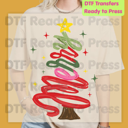 Christmas DTF Transfer, Merry Christmas Tree Script, Sparkles