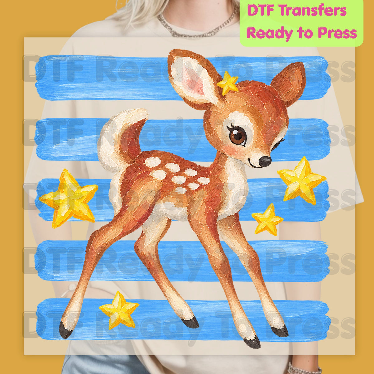 Vintage Baby Deer DTF Transfers, Fawn Stars Blue Stripes Cute Christmas Holiday Ready to Press