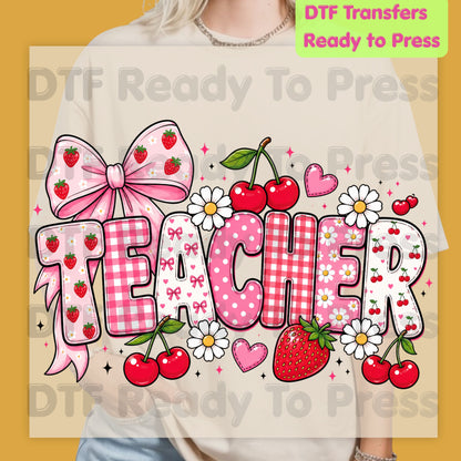 Teacher Coquette Pink DTF Transfers, Strawberries Cherries Bow School Educator Ready to Press