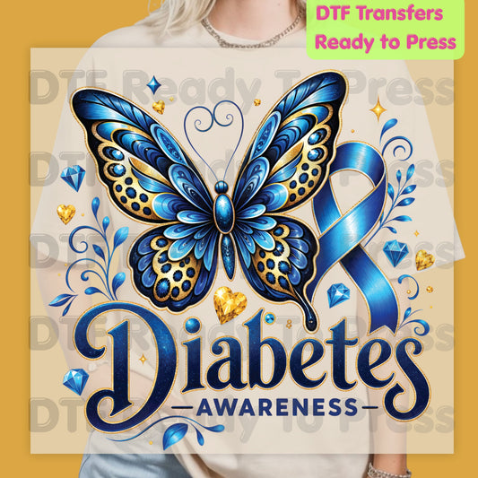 Diabetes Awareness DTF Transfer Ready to Press Blue Butterfly Ribbon Gold Gems Heat Transfer Tee Print Direct to Film Transfer