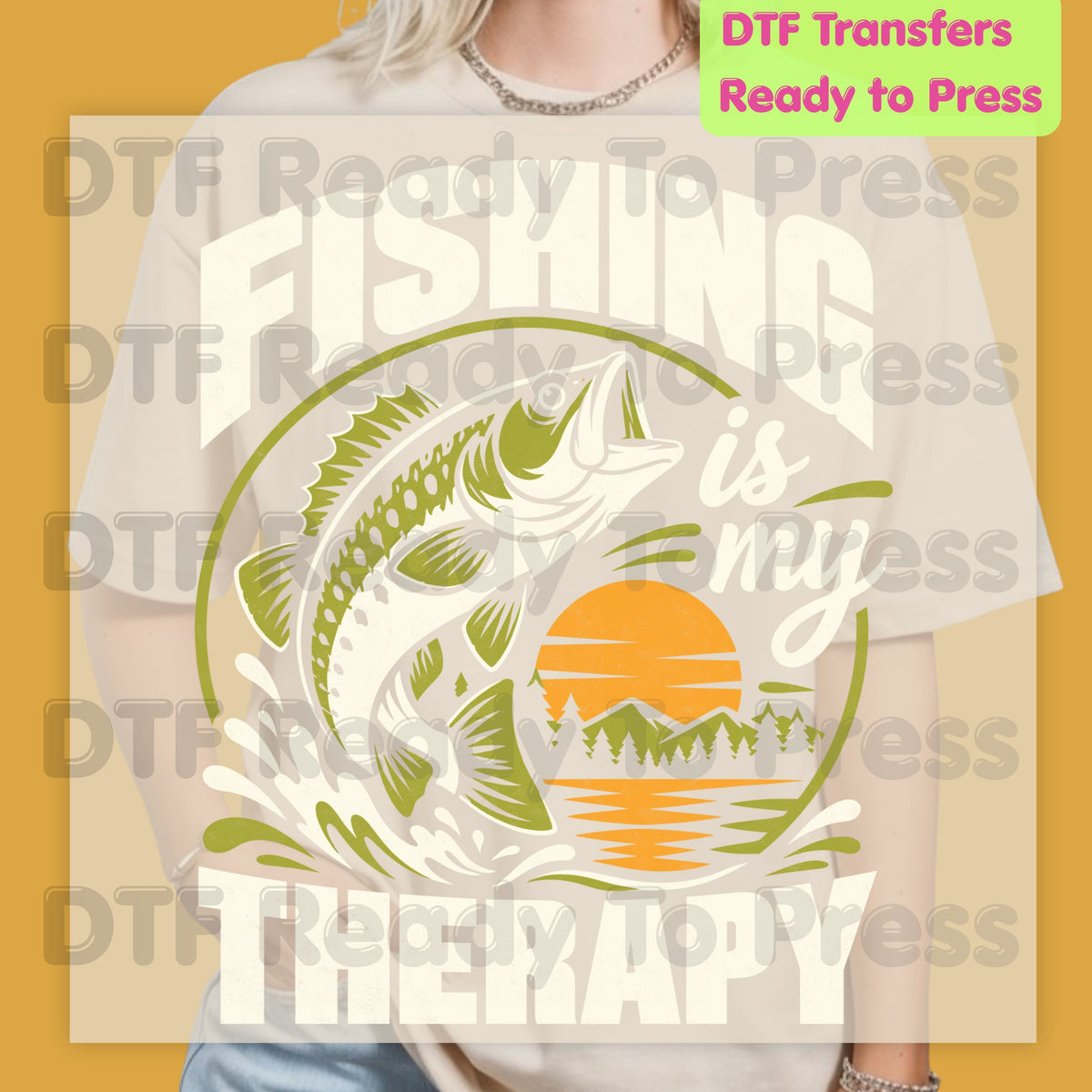 Fishing DTF Transfer, Fishing Is My Therapy, Bass Sunset Outdoors Graphic