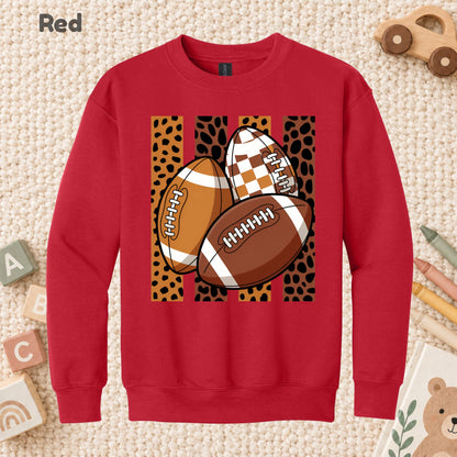 Leopard Football Game Day T-Shirt, Brown Checkered Football Season Tee for Youth