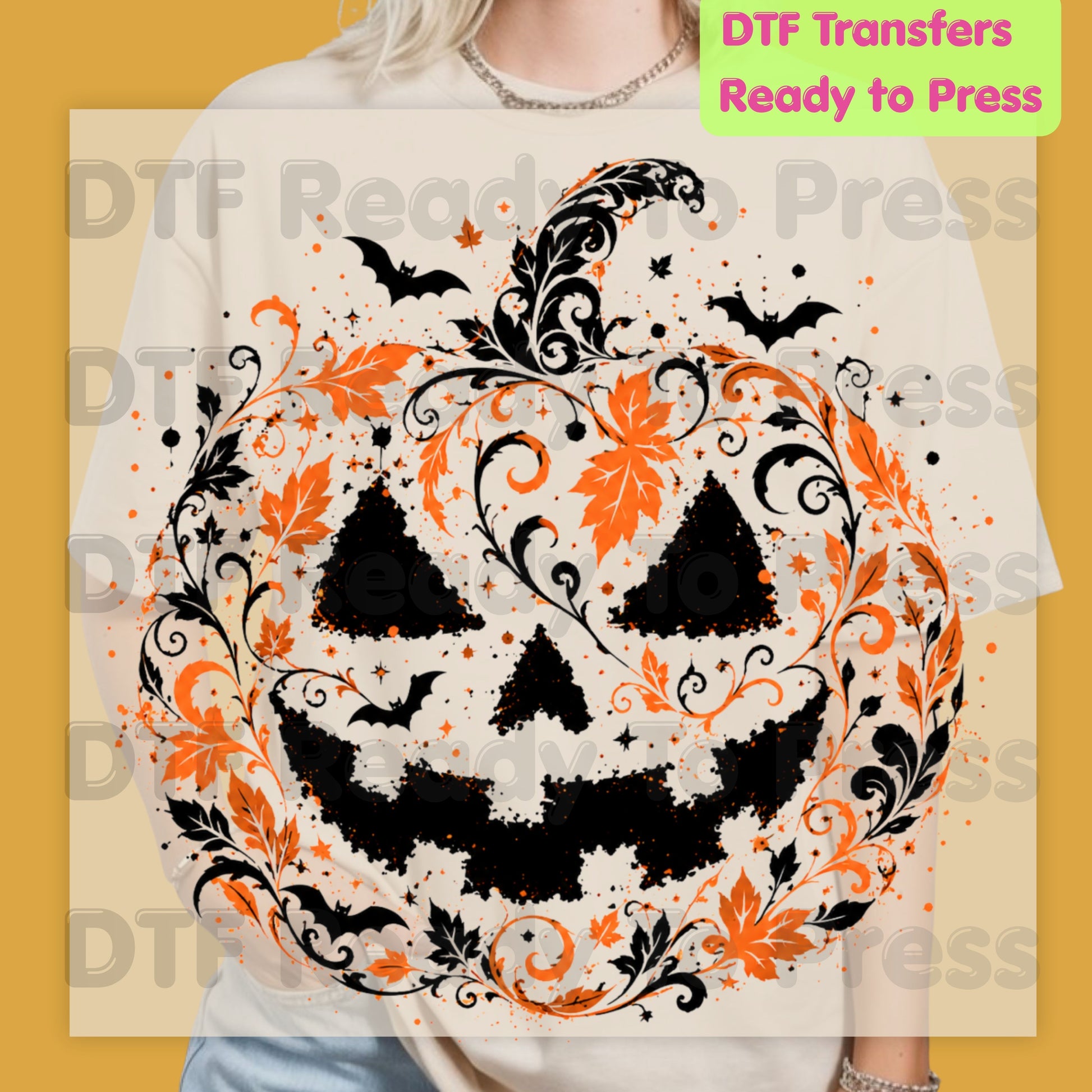 Halloween Pumpkin Face DTF Transfers, Intricate Floral Swirl Gothic Spooky Ready to Press